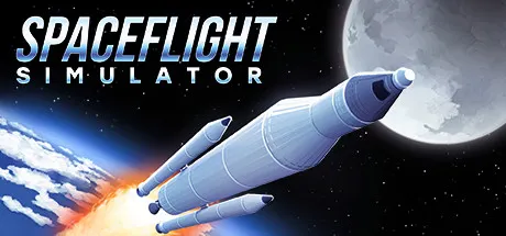 A screenshot of the spaceflight simulator banner, a rocket flying in space with the Earth and stars in the background.